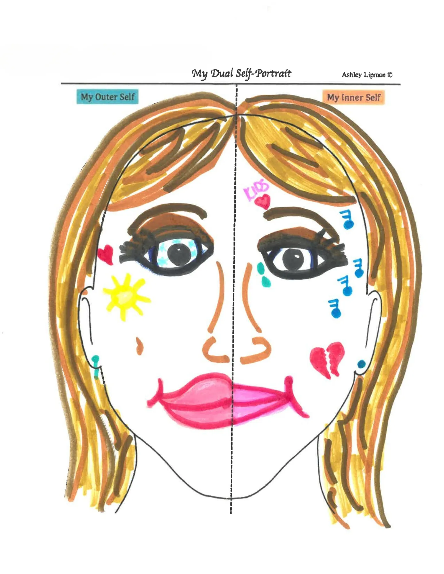 Dual Self Portrait 1 of 3: a hand-colored face, each half drawn differently, by a mother in the Seeking Safety group