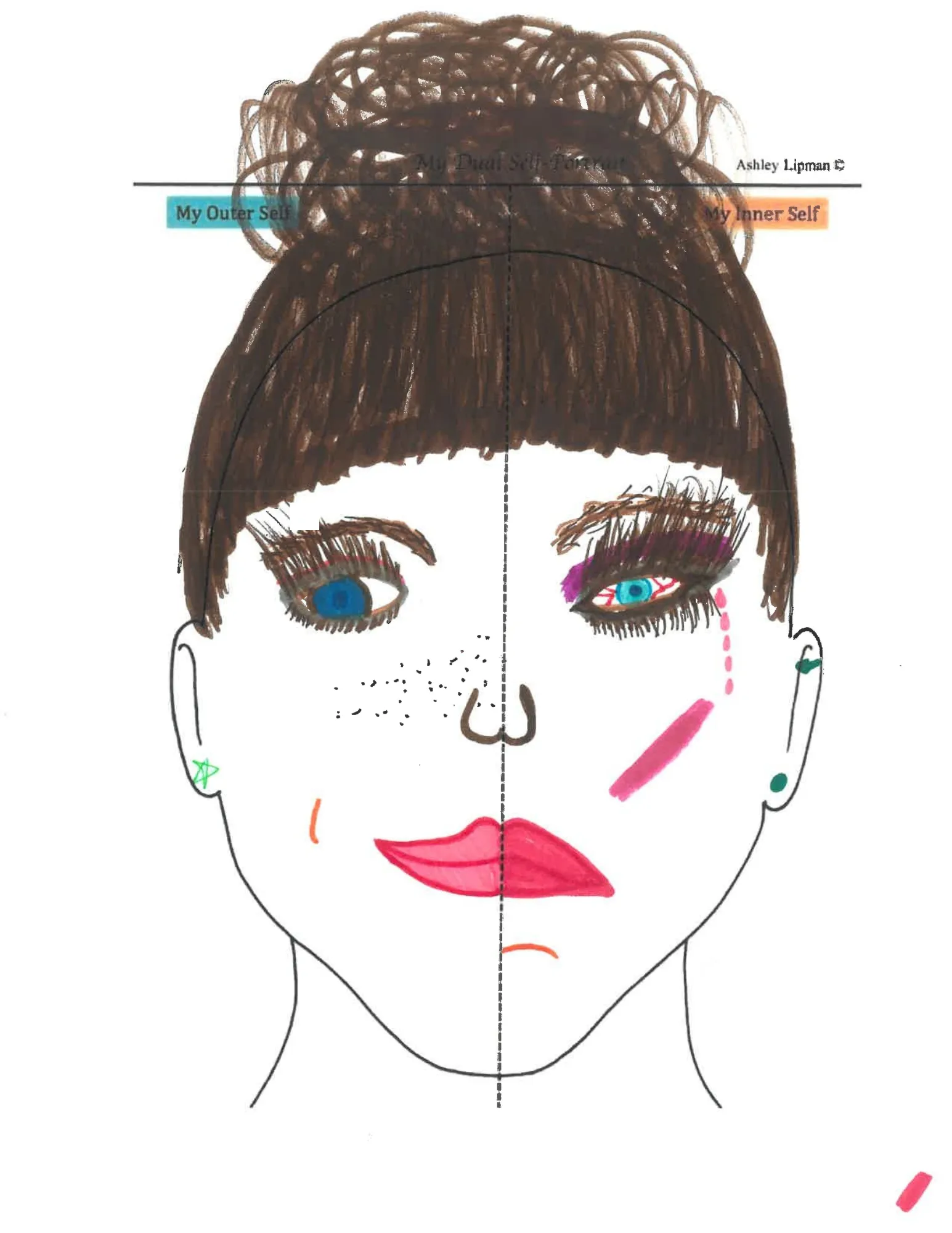 Dual Self Portrait 2 of 3: a hand-colored face, each half drawn differently, by a mother in the Seeking Safety group